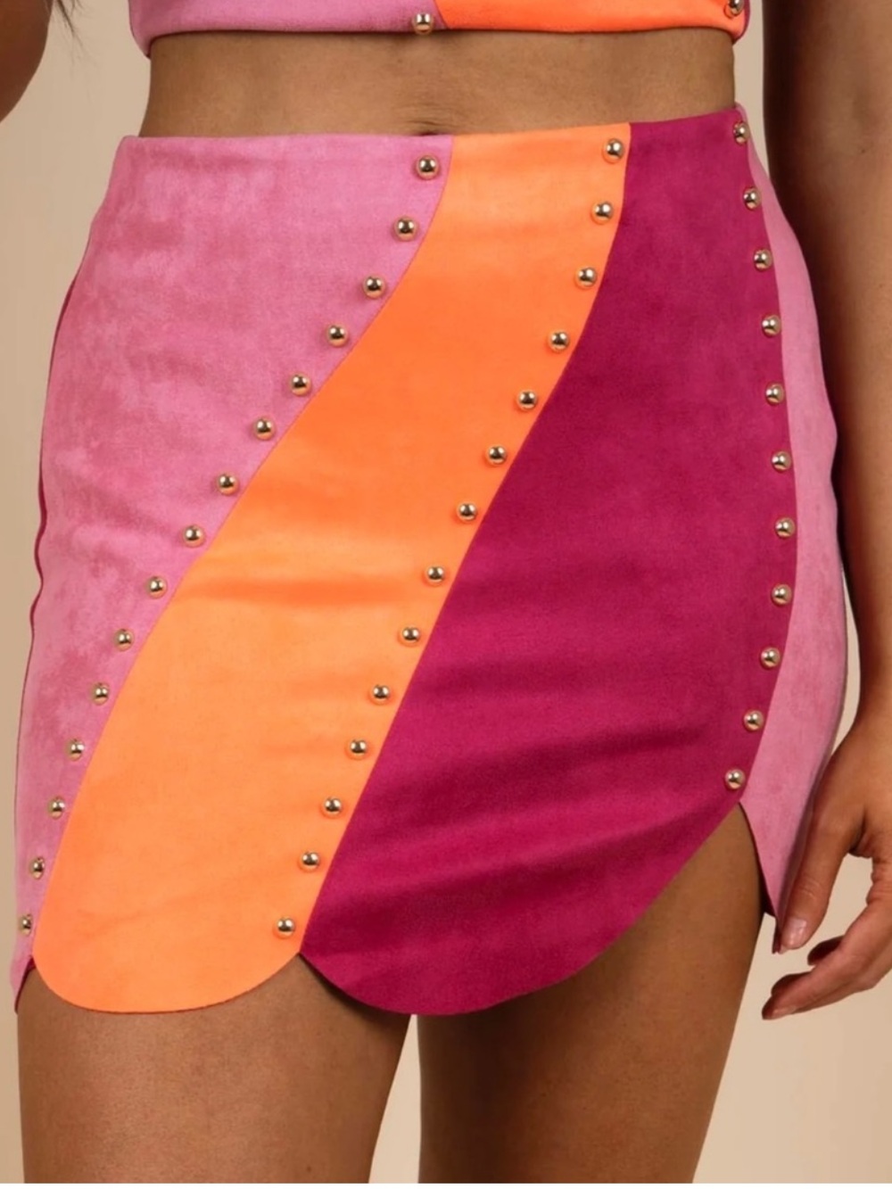 NWOT Blushing Brunette Colorblock Halter Neck Faux Suede Studded Skirt Set Sz XL - Picture 3 of 12